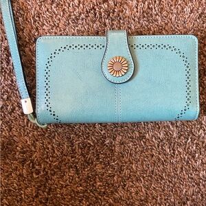 Teal Floral-Accent Wristlet Clutch